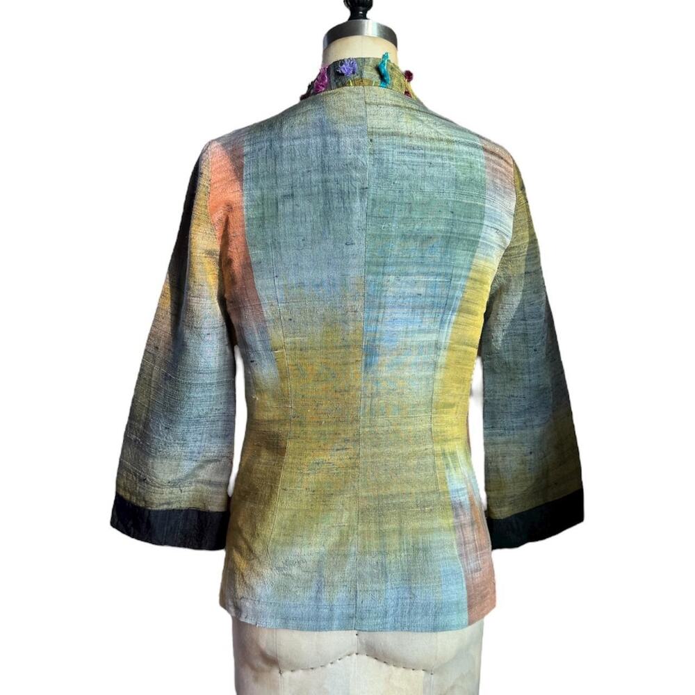 Vintage Hand-loomed silk jacket with multicolor tufted trim detailing XS - Picture 4 of 5
